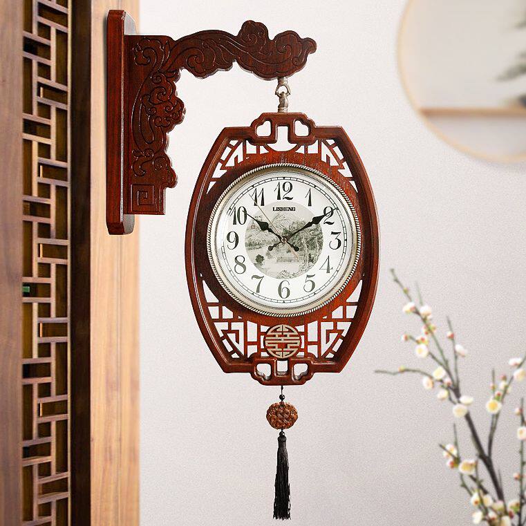 Lisheng new Chinese double-sided solid wood wall clock living room home two-sided silent atmospheric clock Chinese style classical hanging watch