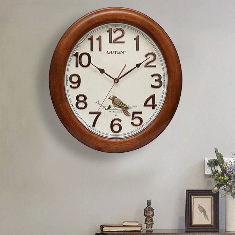 Jinzhongbao European-style solid wood wall clock Chinese-style retro living room mute oval wall watch bird song timekeeping large quartz clock