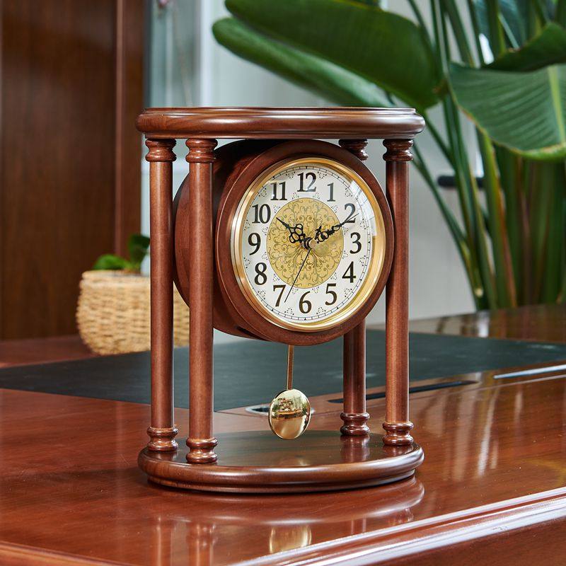 Chinese vintage solid wood seat bell retro seat clock old living room desktop swing piece mute clock swing piece