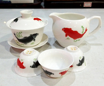 Jingdezhen jade porcelain carp Tea Sea Cover bowl Sicai Bowl Bone porcelain glaze color relief red carp Thin tire tea bowl