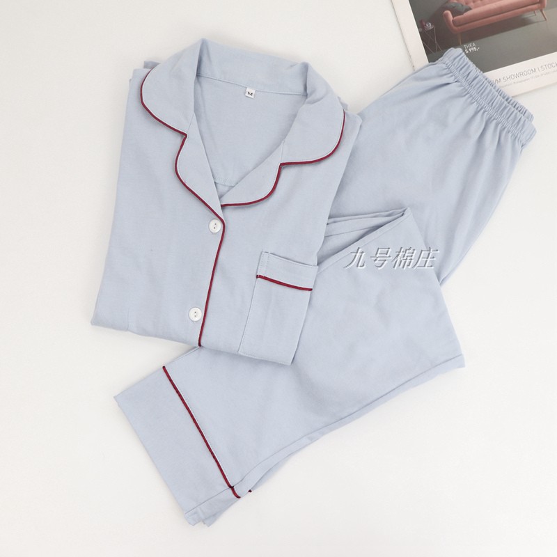 Các cặp đôi mùa xuân và mùa thu đơn giản Bộ đồ ngủ cotton Nhật Bản Quần dài tay nữ Quần vải cotton Dịch vụ gia đình Nam giới Kích thước lớn cộng với Chất béo Màu bộ mặc nhà big size