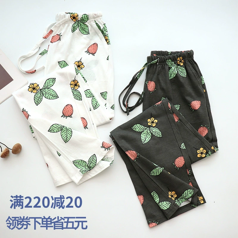 Bộ đồ ngủ cotton tinh khiết quần dài của phụ nữ mùa xuân và mùa hè quần cotton mỏng ở nhà cộng với kích thước cộng với chất béo hoa dâu công chúa ngọt ngào dễ thương - Quần tây