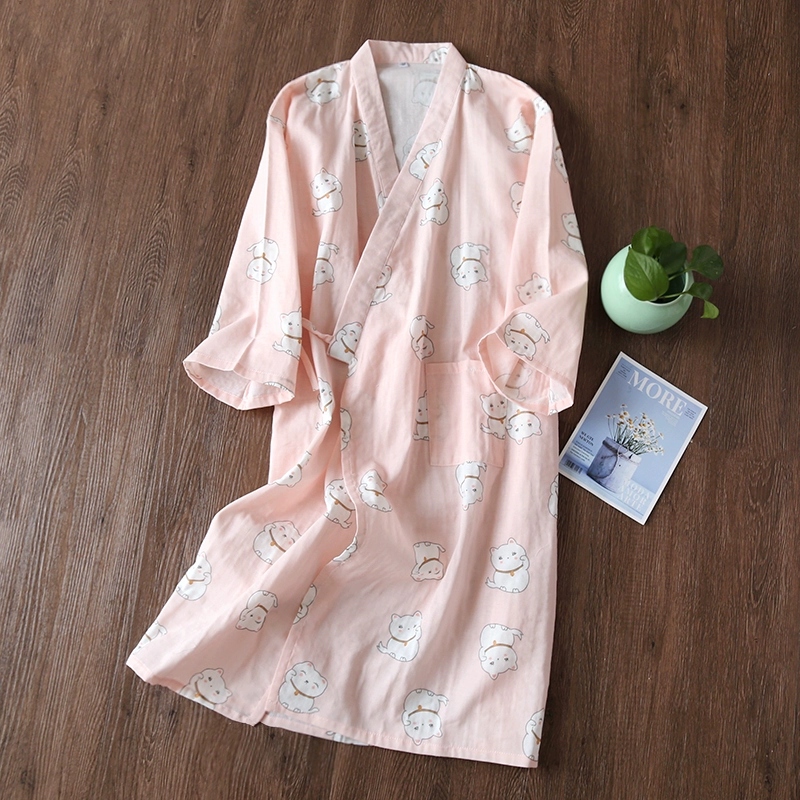 Mùa xuân / mùa hè 2020 áo ngủ mỏng hai lớp vải bông mỏng của phụ nữ kimono dài, yukata và áo nịt gió váy ngủ - Night Robe