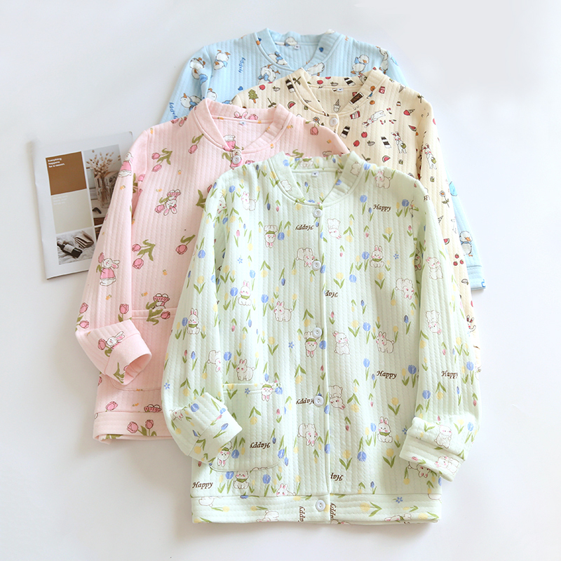 Autumn and Winter Pure Cotton Quilted Pajamas Women's Top Single Piece Air Layer Loungewear Cardigan Jacket Cartoon Floral with Pockets