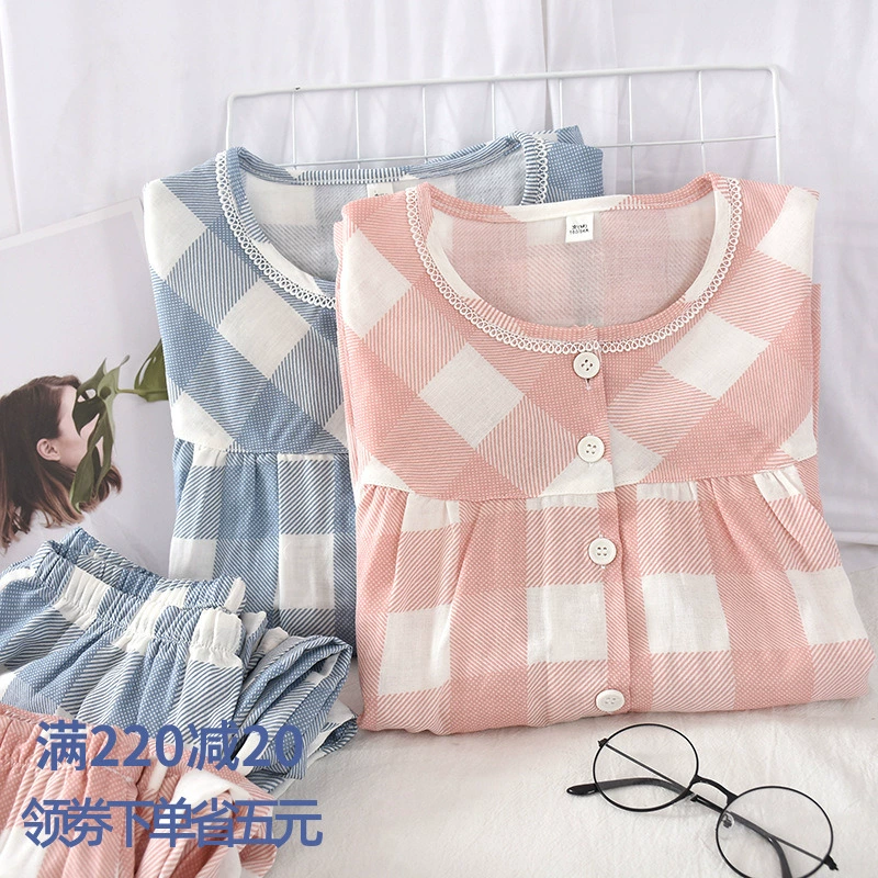 Bộ đồ ngủ vải cotton hai lớp gạc của phụ nữ mùa hè vải cotton mỏng dịch vụ tại nhà quần dài tay kẻ sọc cardigan cộng với kích thước - Cha mẹ và con