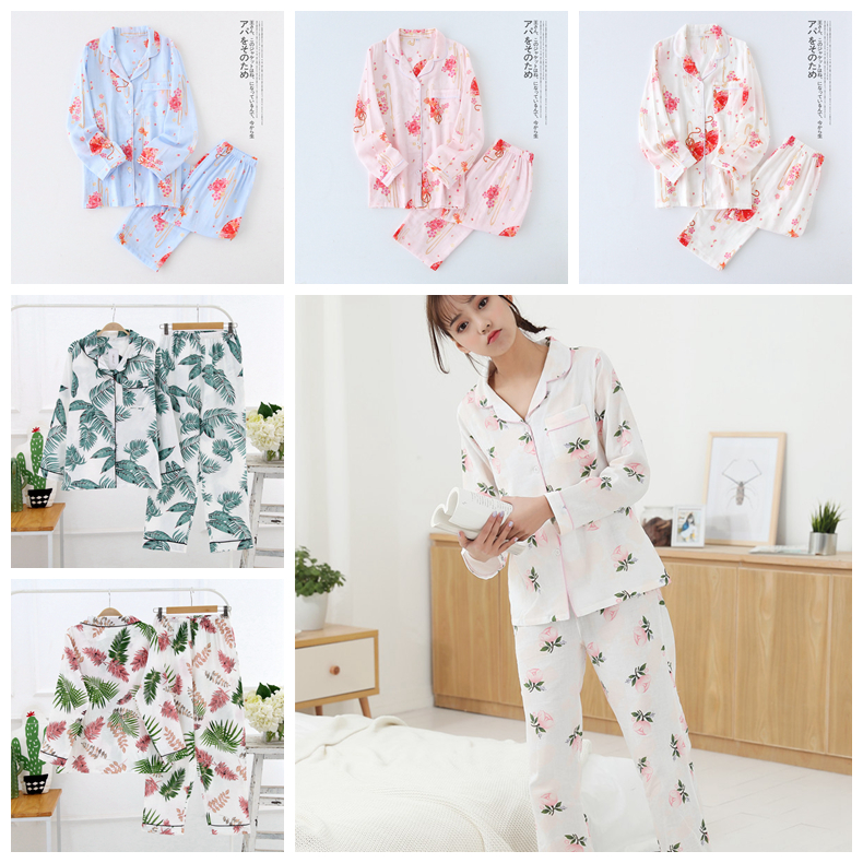 Mùa xuân và mùa thu Phụ nữ Cotton Gạc đôi Đồ ngủ Phụ nữ Bông Dịch vụ tại nhà dài tay Đặt mùa hè mỏng Dâu nhỏ Hoa đồ bộ ngủ