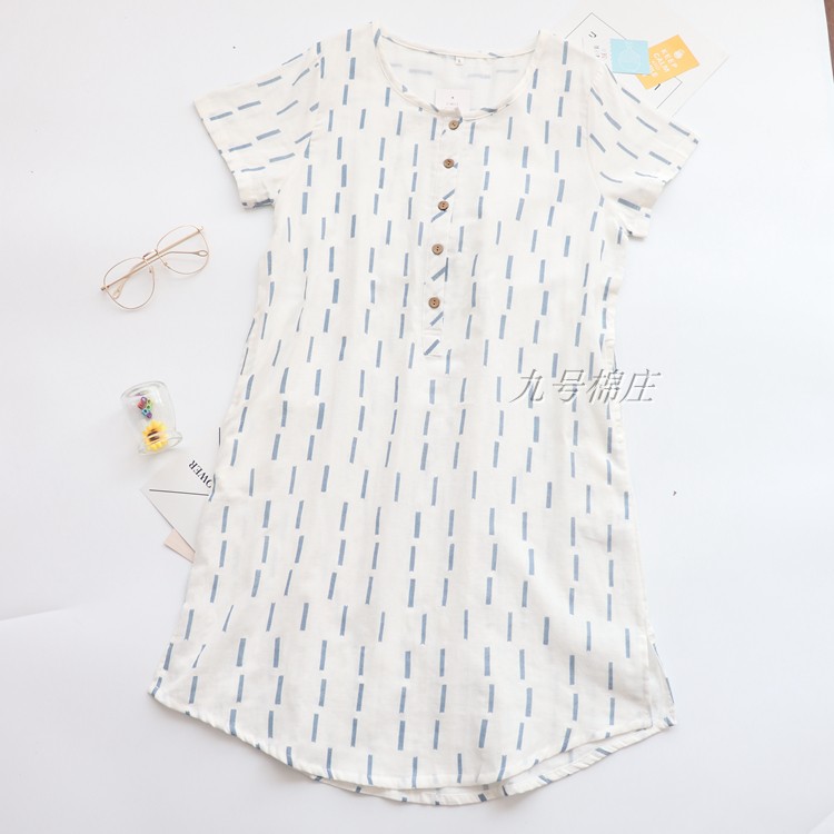 Mùa hè nightdress cotton ngắn tay phần mỏng cotton gạc đôi bộ váy nhà có túi sọc tươi kích thước lớn