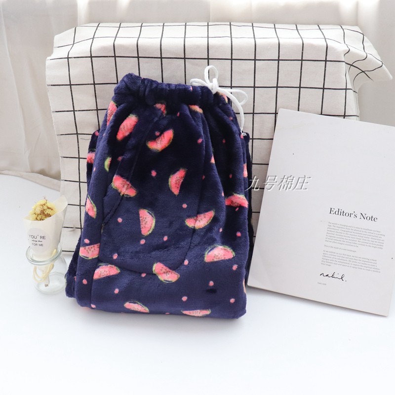 Mùa đông flannel pyjama phụ nữ san hô lông cừu nhà cặp vợ chồng kích thước lớn lỏng lẻo cộng với nhung dày chất béo quần nam hoạt hình dễ thương quần bò nữ