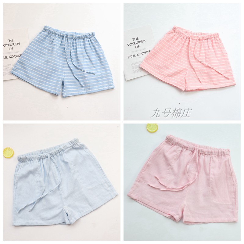 Quần short cotton gạc nữ mùa hè quần cotton mỏng pyjama cotton hai lớp quần nhà kích thước lớn hoa sọc ba quần quần thể dục