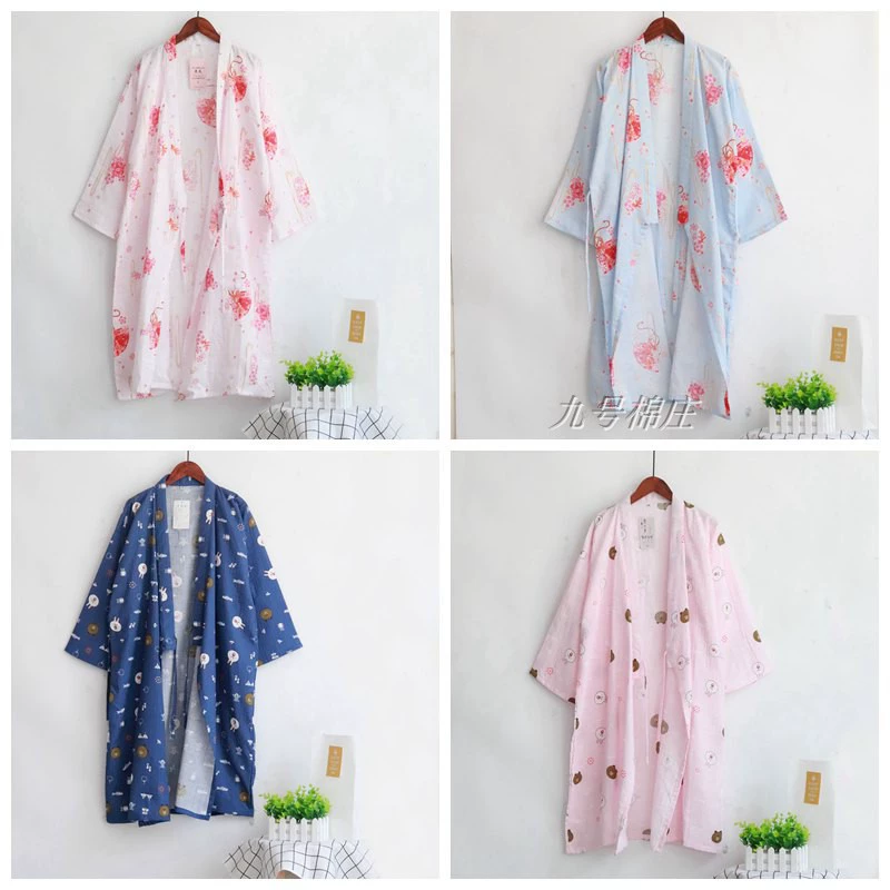 Cặp đôi mùa hè cotton đôi gạc áo ngủ cardigan yukata Nhật Bản và áo ngủ nữ gió áo choàng nam kích thước lớn hoa áo ngủ nữ