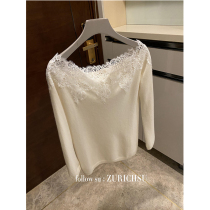 One-word collar sexy and sultry imported water-soluble lace cashmere sweater coat