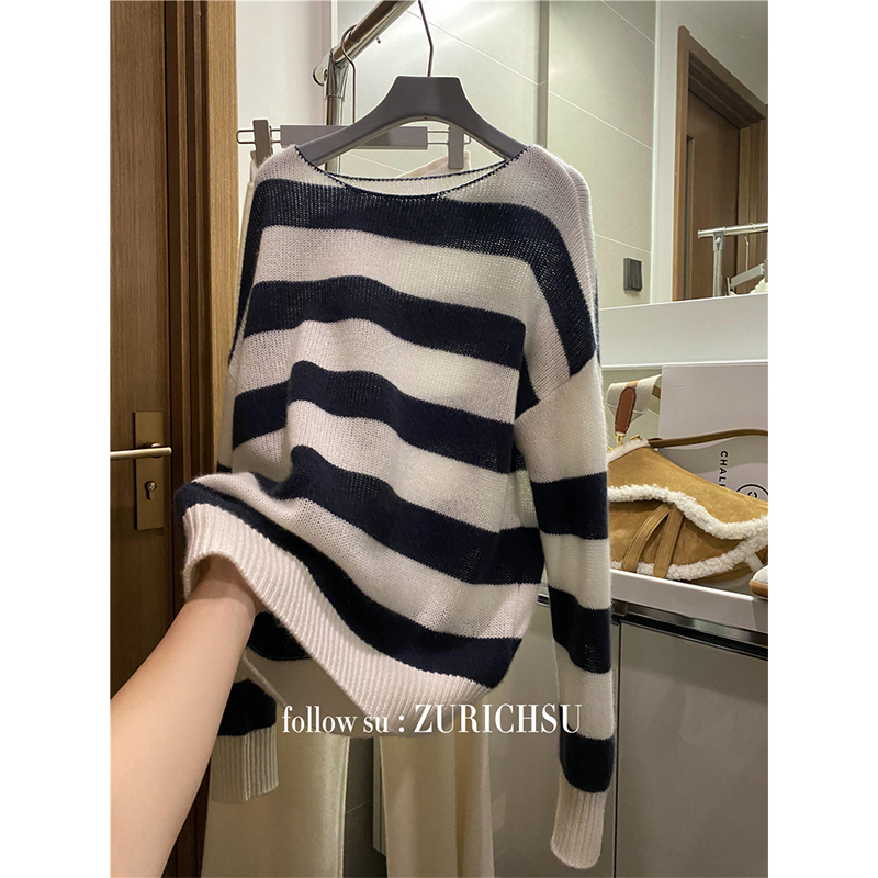 Classic striped control Lazy loose drop-shoulder sleeves Striped cashmere versatile striped sweater