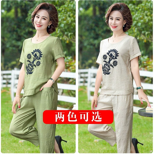 Летняя одежда для матери, комплект для пожилых людей, коллекция 2021, большой размер, короткий рукав, с рукавом, в западном стиле, 50 лет