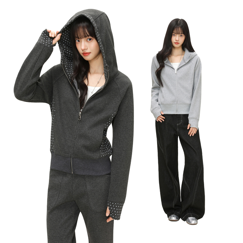 Monolux Hooded Slim-Fit Sweatshirt with Polka Dot Patchwork, Half-High Collar, Early Autumn Zip-Up Cardigan, Thin Jacket, Korean-Style Top Monolux Hooded Slim-Fit Sweatshirt with Polka Dot Patchwork, Half-High Collar, Early Autumn Zip-Up Cardigan, Thin Jacket, Korean-Style Top