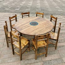 Food stall solid wood induction cooker hot pot table restaurant barbecue fast food hot pot restaurant round table long square table and chair