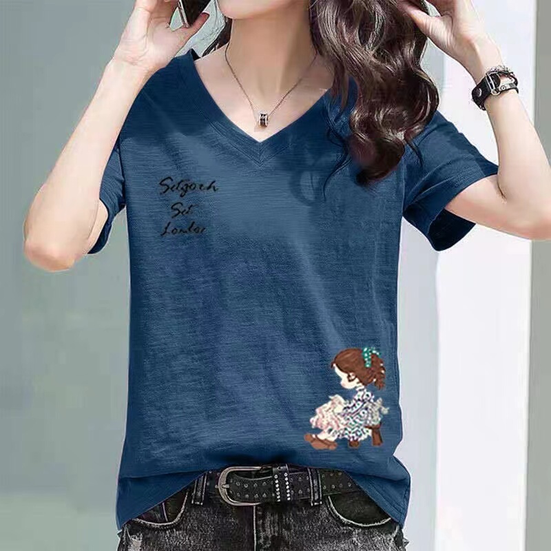 Bamboo Cotton Short-Sleeve T-Shirt for Women, V-Neck, Loose Fit, Korean Style, 2025 Summer New Casual Fashion, Plus Size, Versatile Top, Trendy Bamboo Cotton Short-Sleeve T-Shirt for Women, V-Neck, Loose Fit, Korean Style, 2025 Summer New Casual Fashion, Plus Size, Versatile Top, Trendy