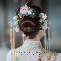 Original bridal Chinese show and ancient dress The new pink flower fairy streaming Su head decorated with merry marriage out of the wedding ornaments