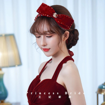 New wine red bow flannel handmade hair band Bride wedding toast dress banquet pearl hairband headdress