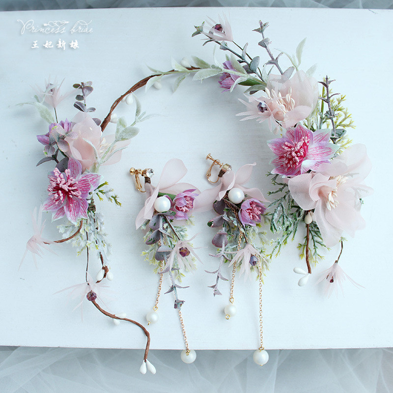 Sen Department Bridal Wedding Headwear Super Fairy Sweet Hair Hoop Earring Set Pastoral Style Korean Silk Yarn Wedding Hair Accessories
