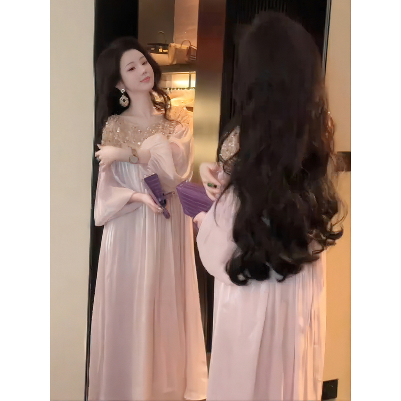 Atmospheric Fairy-Style Sequined Pink Long-Sleeved Dress for Women, 2026 Autumn New Style, Elegant and Flowing Long Dress Atmospheric Fairy-Style Sequined Pink Long-Sleeved Dress for Women, 2026 Autumn New Style, Elegant and Flowing Long Dress