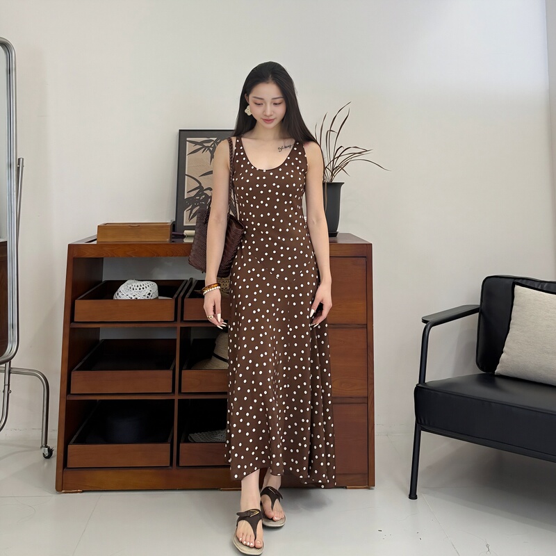 European Style | 100% Mulberry Silk | 45 ° Bias-Cut | Silk Crepe De Chine Polka-Dot Large Skirt Dress-My6096