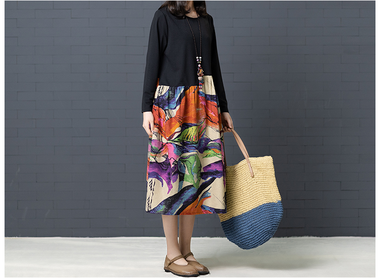 Váy cotton và vải lanh phong cách dân tộc 2018 mùa thu mới rộng kích thước lớn tay áo dài retro in khâu dài váy thủy triều đầm maxi hàn quốc