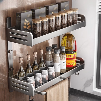 Space aluminum kitchen seasoning shelf wall-mounted storage rack punched wall-mounted storage supplies multi-function hook