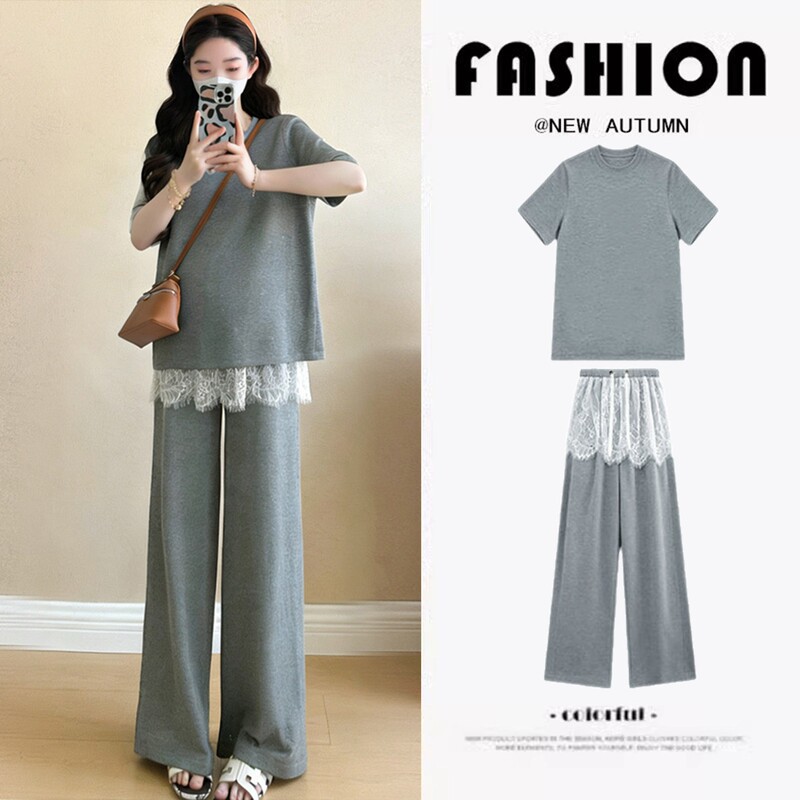 British Style Mdcw Maternity Summer Suit, Fashionable and Stylish, Loose Short-Sleeved T-Shirt Top, Lace Wide-Leg Pants