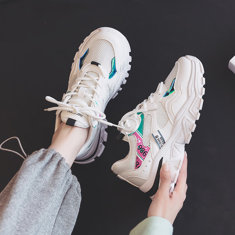 Humanistic 92135 WhiteHumanism Daddy shoes female 2021 new pattern summer Thin Little white shoes ins tide Thick bottom leisure time Mesh surface gym shoes