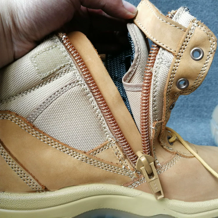 Đơn hàng cuối cùng size 43, bốt nam màu vàng, giày bảo hộ lao động da bò mờ xẻ giữa, khóa kéo bên hông dễ mang vào và cởi ra, giày mũi thép chống va đập giày bảo hộ cao cổ