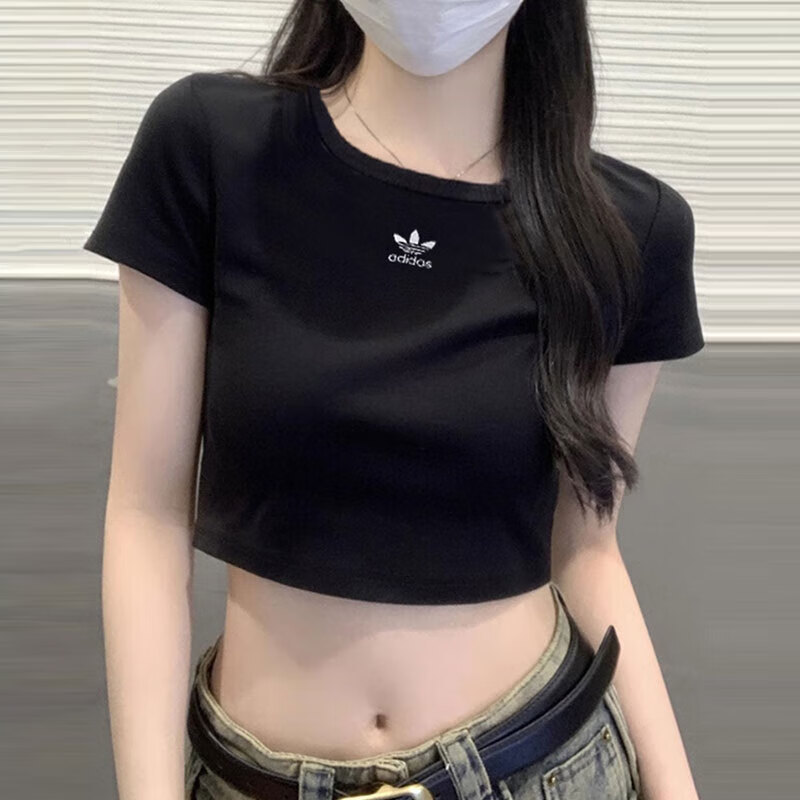 Adidas Trefoil Short-Sleeved Women's Summer Sports Fitness Clothing Women's Slim High-Waisted Navel-Baring Short T-Shirt