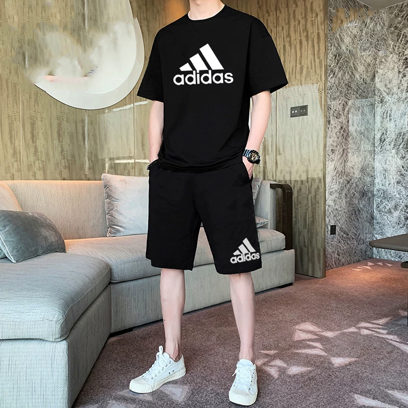 Спортивный костюм Adidas, дышащая футболка с коротким рукавом, шорты с быстрой сушкой, с коротким рукавом, свободный крой