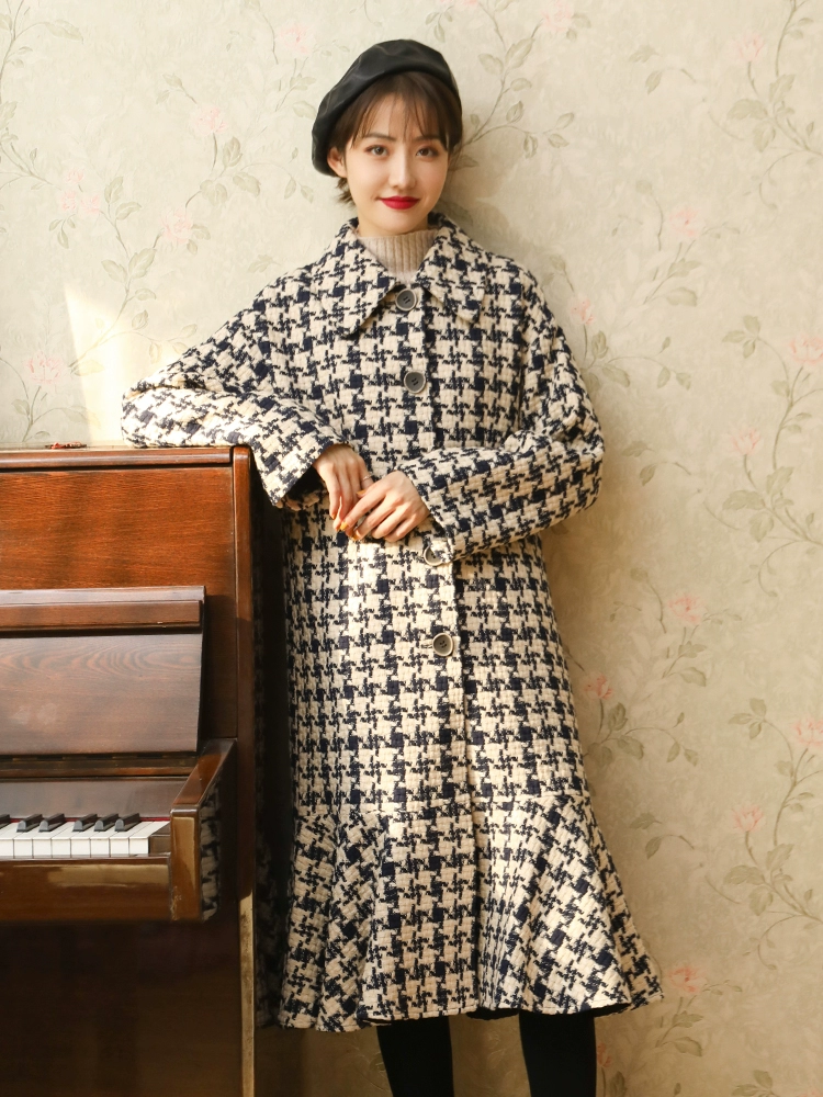 popozi biển sâu nàng tiên cá tweed áo kẻ sọc giữa chiều dài houndstooth lỏng - Áo khoác ngắn