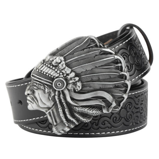 Indian-Style Belt Buckle, Vintage Embossed Genuine Leather Belt, Unisex Decorative Versatile Belt, Two-Layer Cowhide