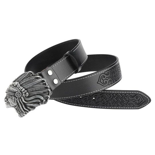 Indian-Style Belt Buckle, Vintage Embossed Genuine Leather Belt, Unisex Decorative Versatile Belt, Two-Layer Cowhide