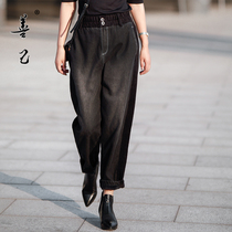 Good Ji winter New velvet thick black velvet denim stitching straight pants women loose size slim tide Joker