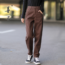Curry color plus velvet casual Haren pants womens winter high waist slim stitching loose foreign atmosphere thick retro radish pants tide