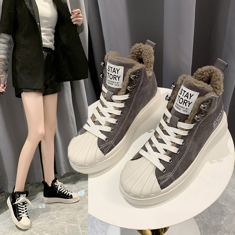 高帮鞋女加绒小短靴新款潮学生百搭贝壳头板鞋女2019秋款短靴嘻哈