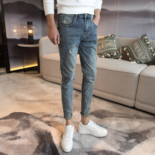 2023 Spring New Personalized Embroidery Slim Fit Small Foot Jeans Men's Korean Style Slim-Fit Ripped Cat Claw Pencil Pants