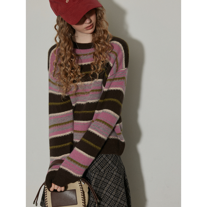 Llyllylly 39% Wool Retro Striped Round Neck Pullover Sweater for Women, Loose and Versatile Knitted Top for Autumn and Winter