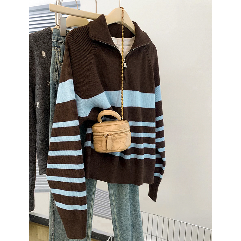 Striped Half-Zip Lapel Pullover Sweater Jacket for Women, Autumn and Winter 2026 New Style, Lazy Style Outerwear, Preppy Knitwear