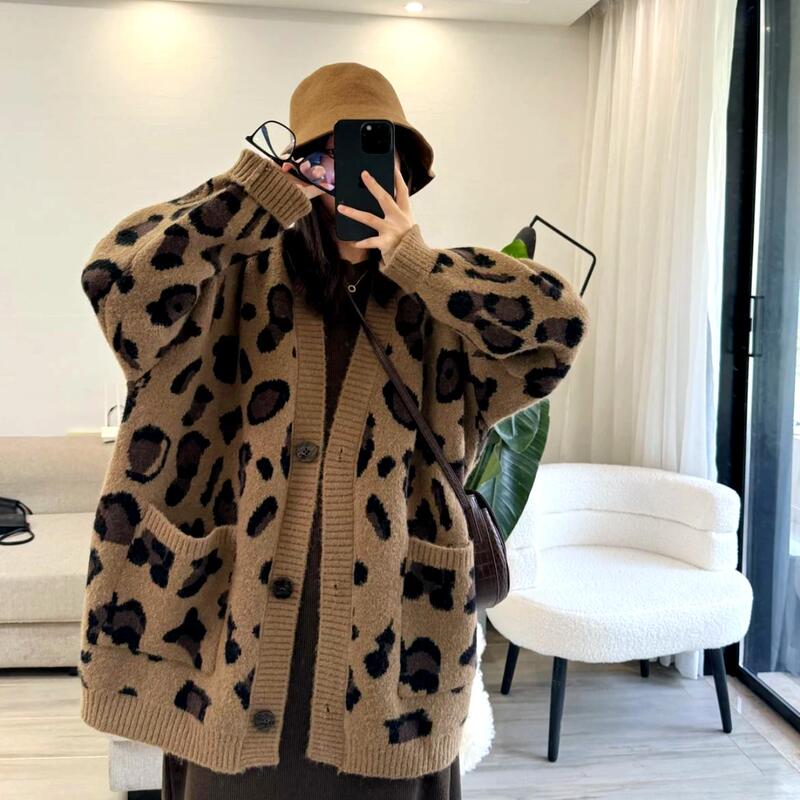 European-Style Leopard Print Sweater Knitted Cardigan for Women, Korean Version, 2025 Autumn and Winter, Loose, Thick, Lazy Style, Raccoon Fleece, Mid-Length