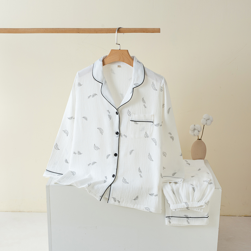 [Pure Cotton Pajamas] All-Season Leaf-Patterned Pure Cotton Double-Layer Gauze Shirt Collar Long-Sleeved Long-Pants Loungewear Set