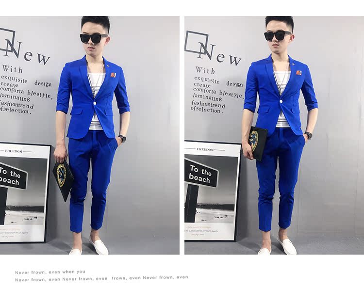 Mã nhỏ mạng phù hợp với tay áo nhỏ phù hợp với tinh thần xã hội kẻ bảy điểm tay áo thủy triều Tóc mỏng phù hợp với nam - Suit phù hợp vest nam