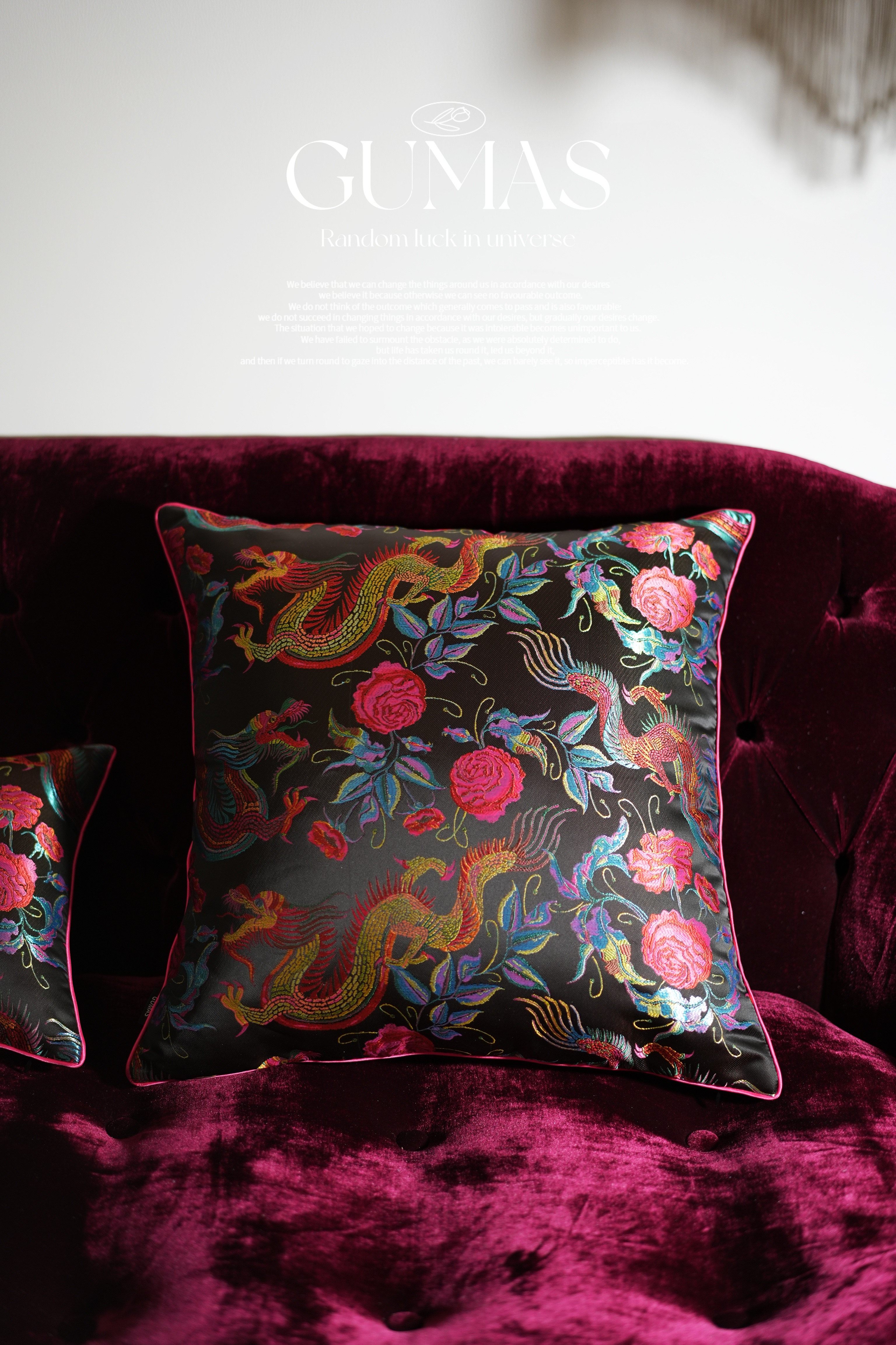 Burgundy velvet throw pillow cover with gold dragon embroidery and phoenix birds 20x20 inches