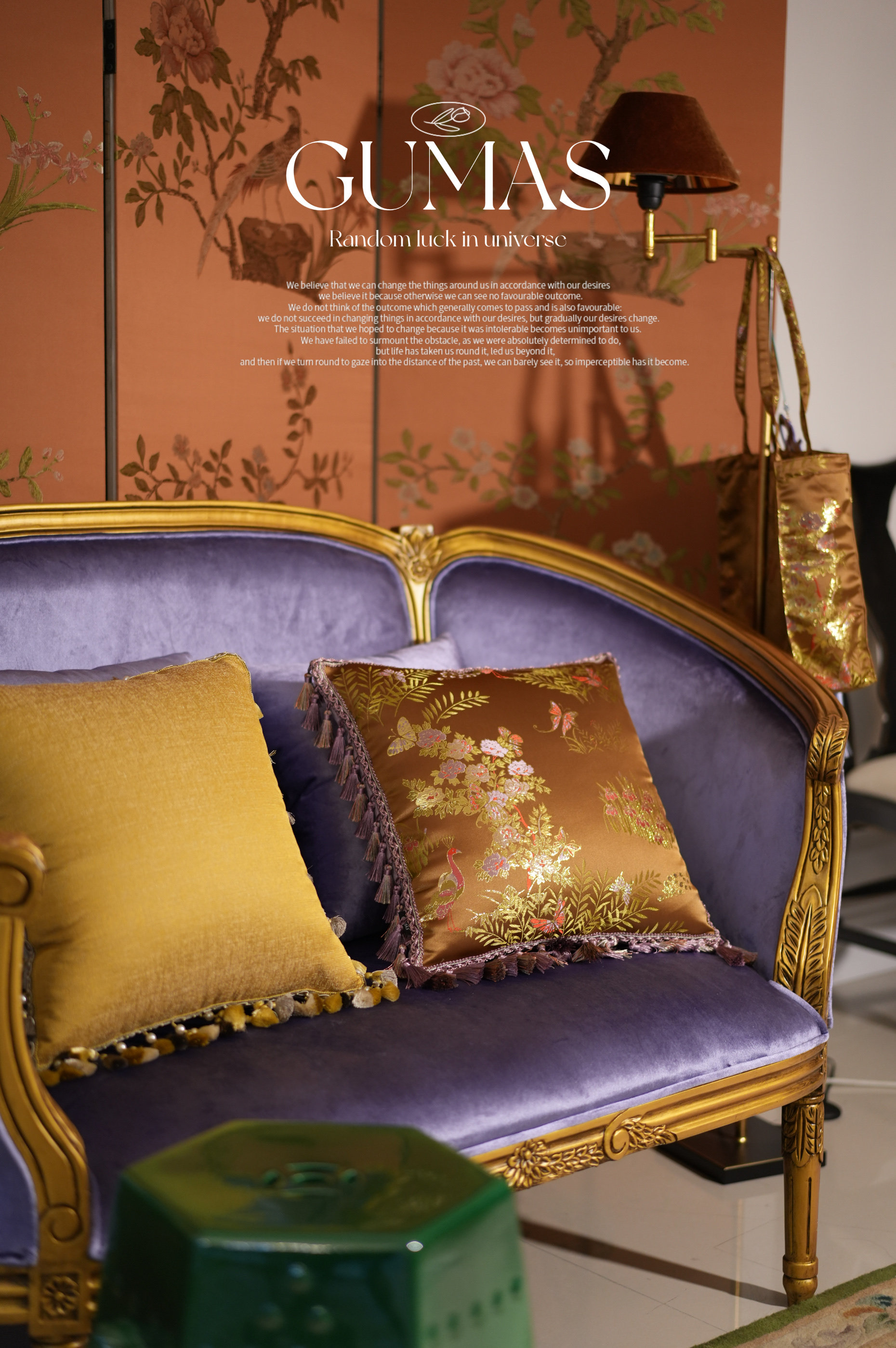Mustard yellow solid brocade pillow cover with textured weave on ornate carved wood chair