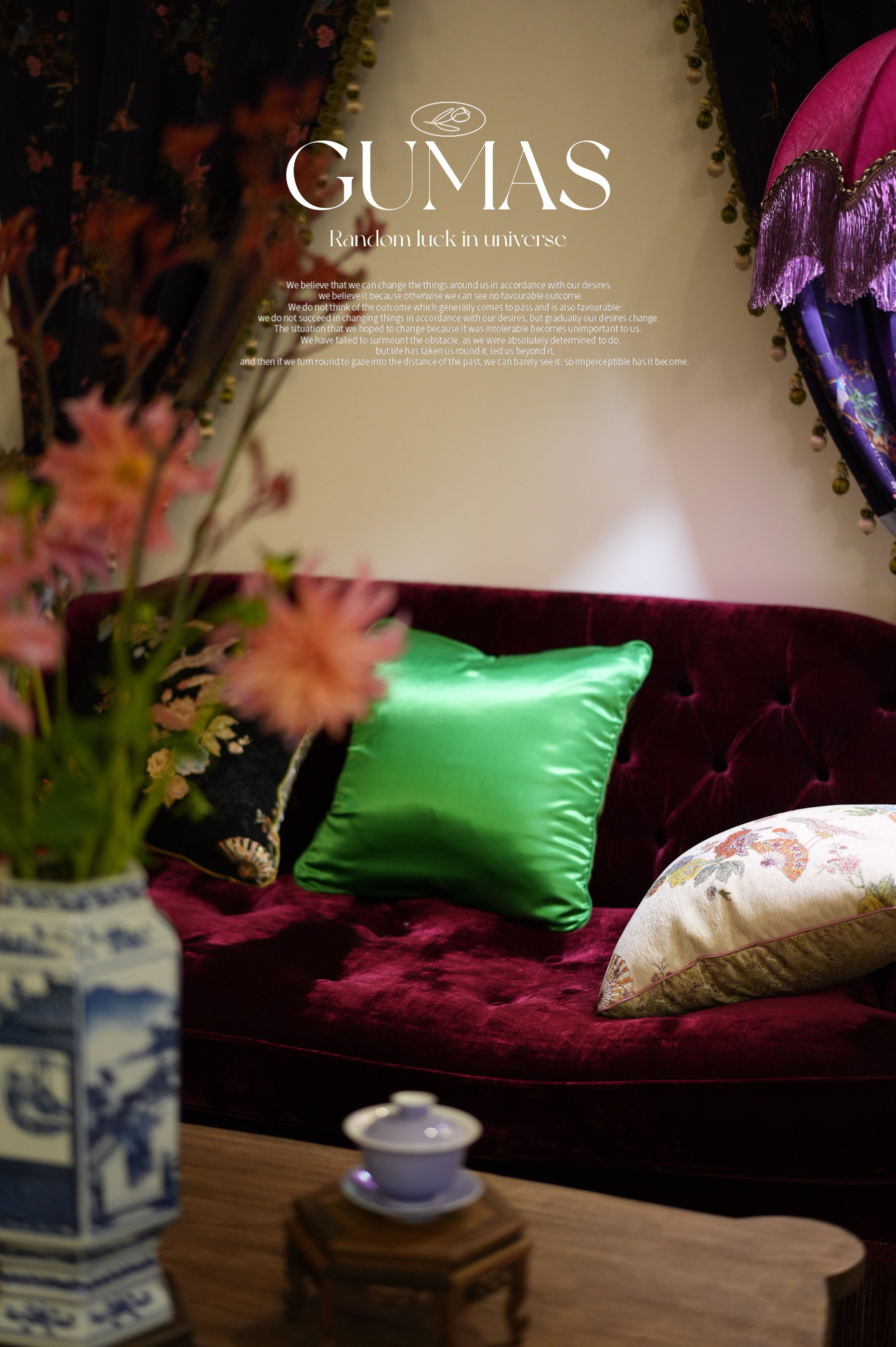 Detail view of purple metallic fringe tassel trim on luxury silk satin pillow cover