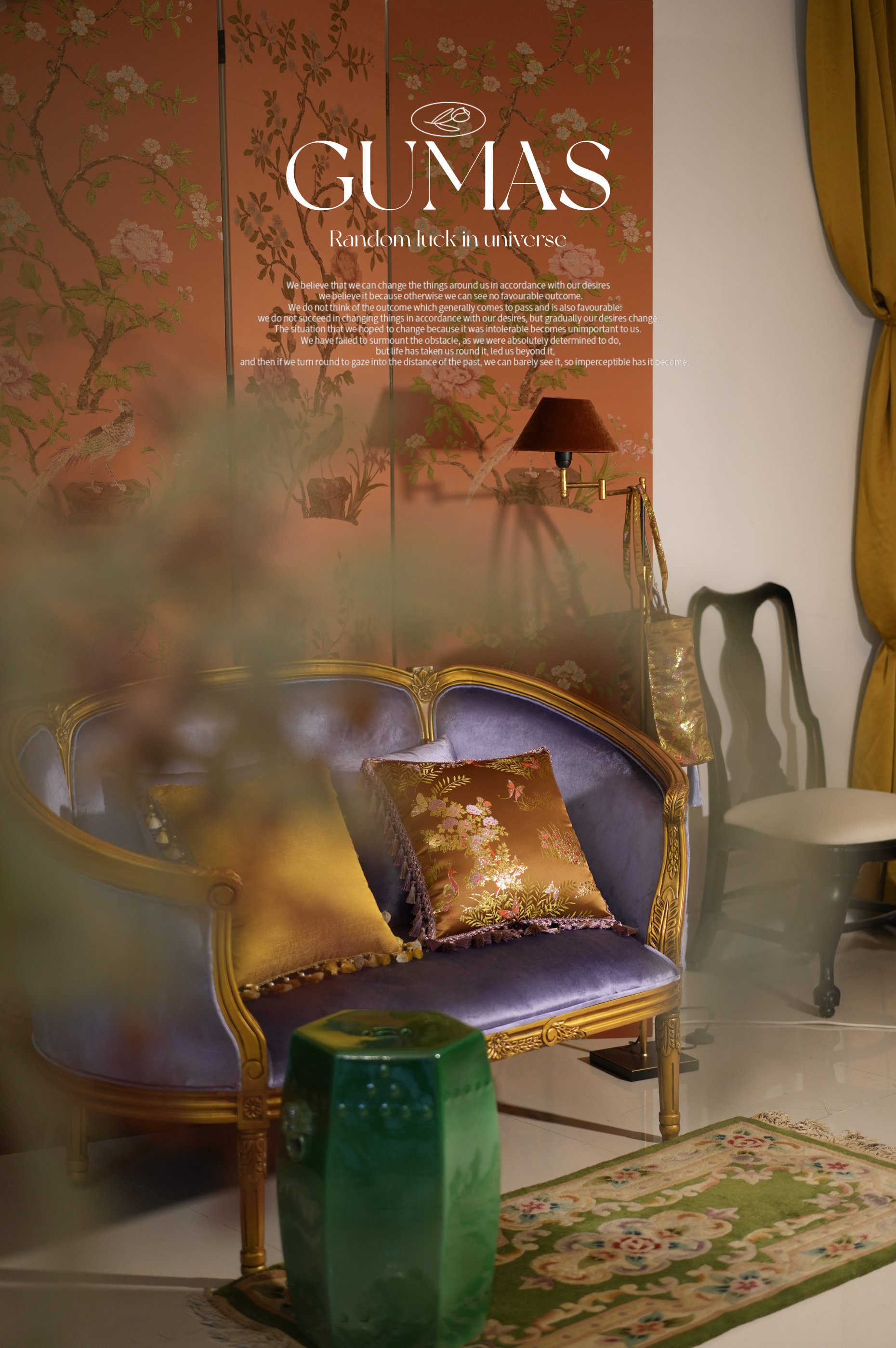 Close up of vintage botanical bird and fern pattern on gold brocade pillow with purple tassel fringe detail
