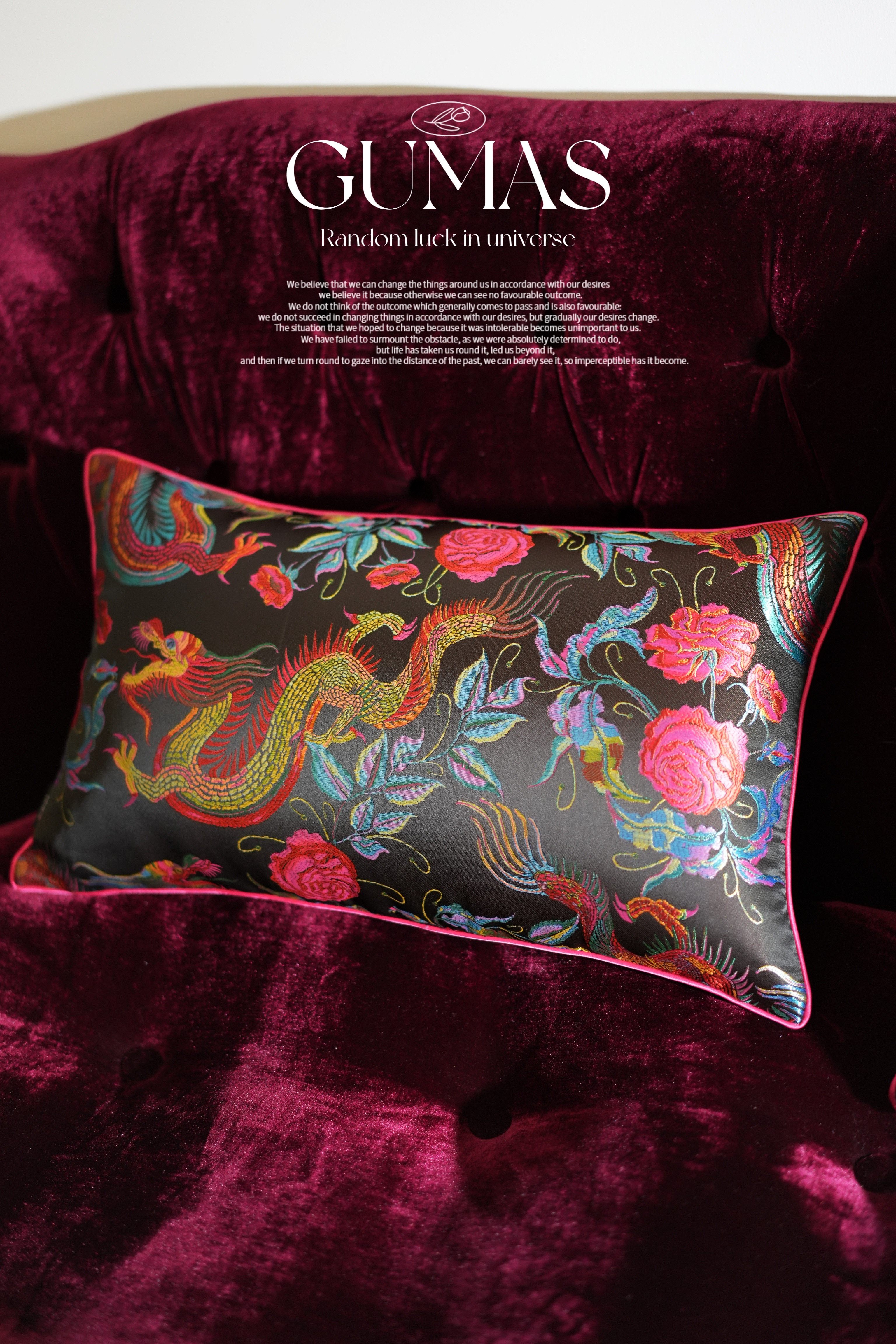 Luxurious dragon motif throw pillow cover with dimensional gold embroidery on velvet base