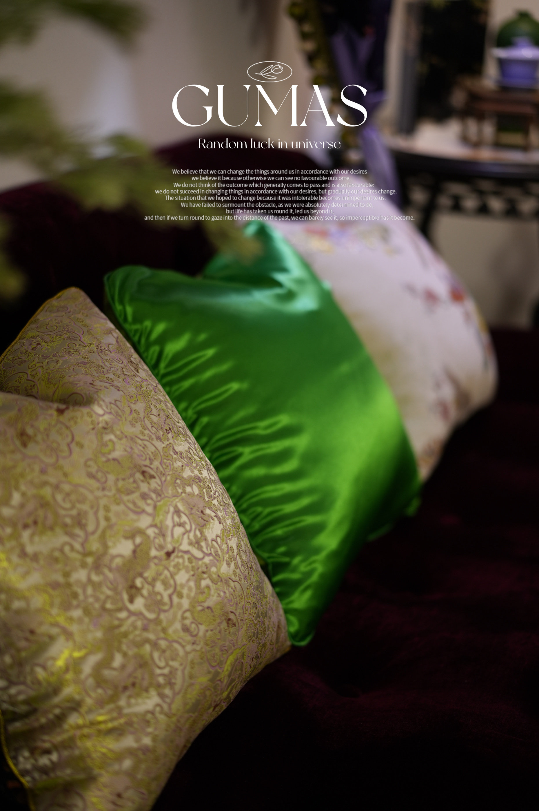 Eclectic bohemian living room styling with lime green silk pillow, damask prints, and mixed textures